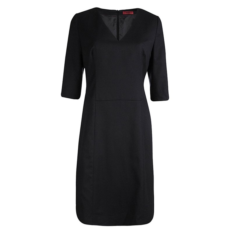 Pre Owned Hugo By Hugo Boss Black Wool V-Neck Kinata Dress M