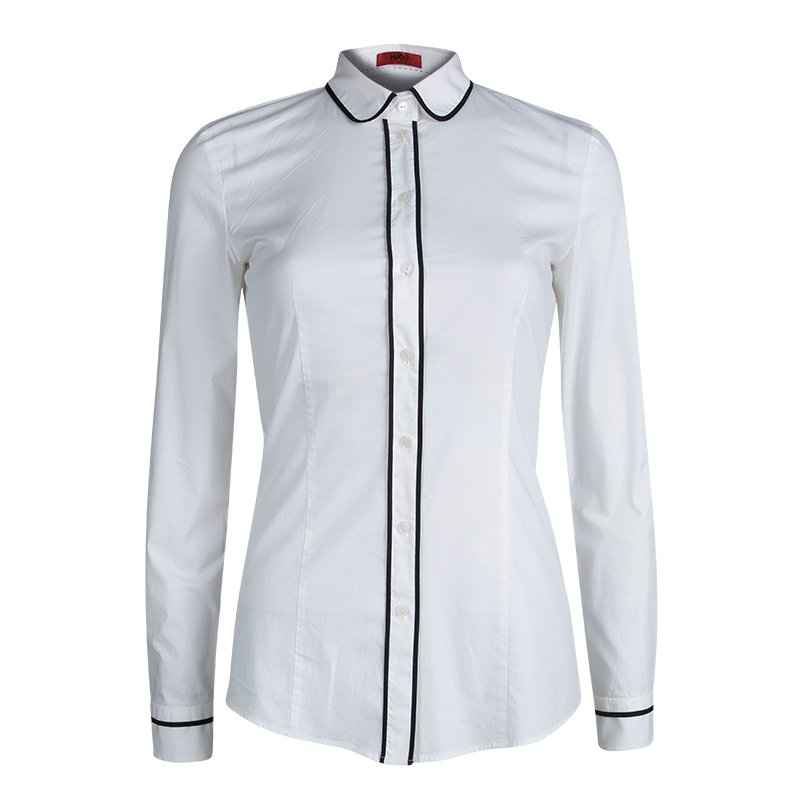 قميص هوغو باي هوغو بوس قطن أبيض بحواف متباينة وأكمام طويلة أزرار أمامية S