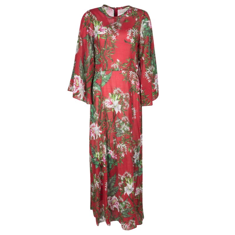 Pre Owned Isabel Marant Etoile Red Floral Printed Cotton Bell Sleeve Detail Wanda Dress M