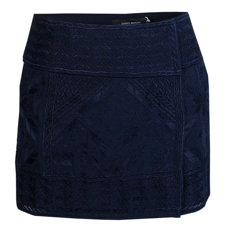 Pre Owned Isabel Marant Navy Blue Embroidered Silk Mini Skirt S
