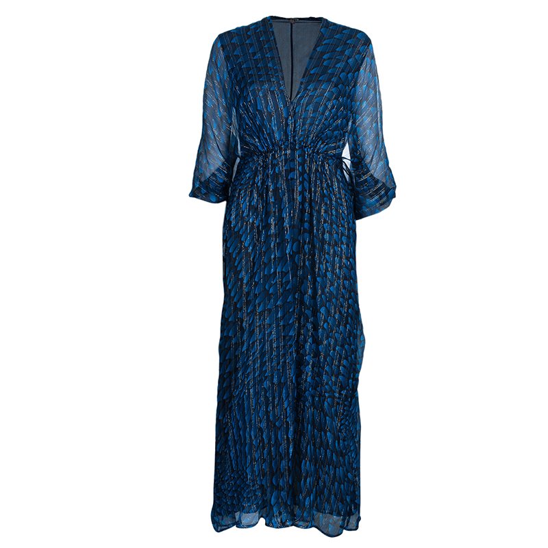 Issa Blue Printed Silk and Lurexblend Chiffon Maxi Dress M