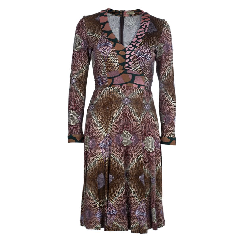 Pre Owned Issa Brown Geometric Long Sleeve Silk Jersey Dress M