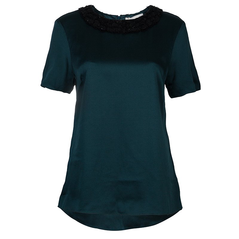 Jason Wu Green Embellished Neck Detail Short Sleeve Blouse M
