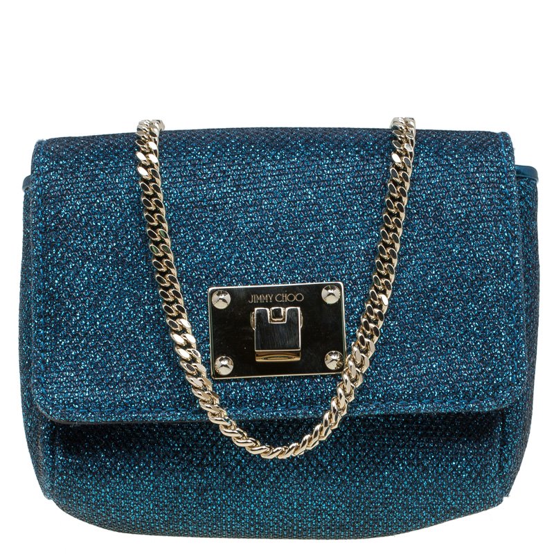 Pre Owned Jimmy Choo Dark Blue Lame Glitter Ruby Chain Clutch
