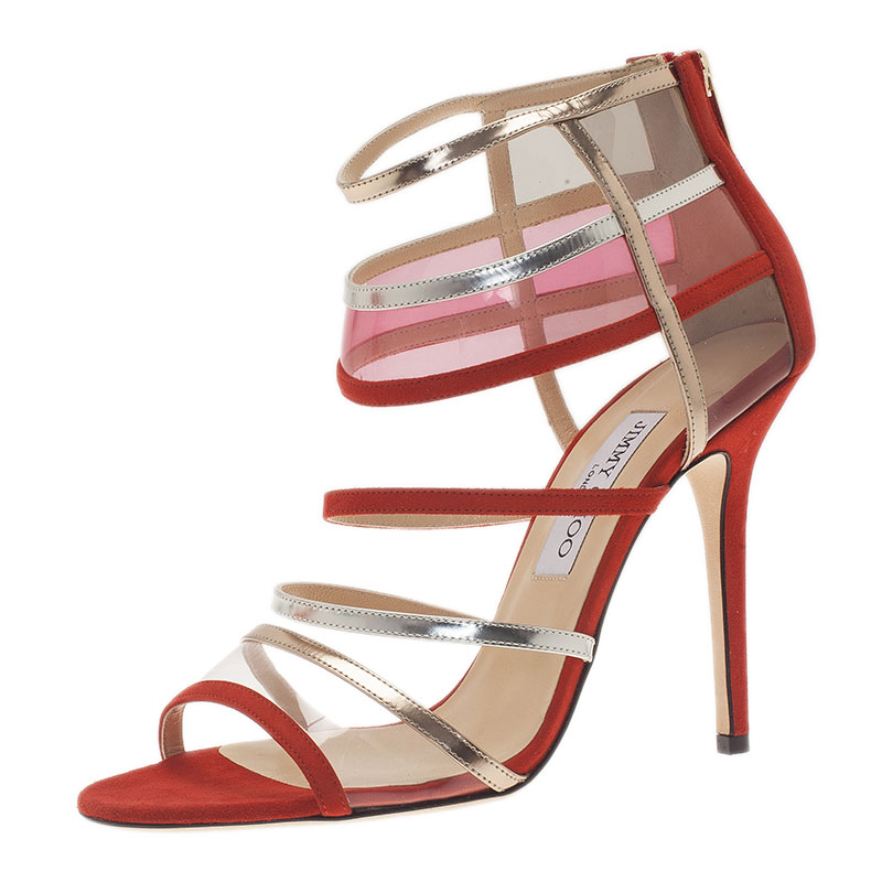 Pre Owned Jimmy Choo Red Multicolor Suede and Perspex Maitai Sandals Size 40