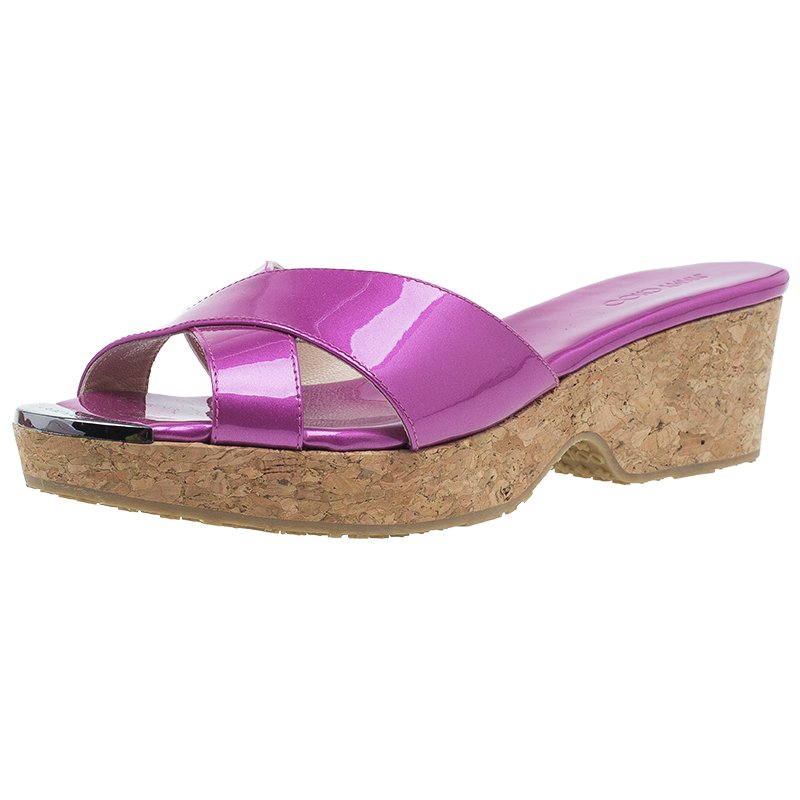 Pre Owned صندل سلايد جيمي تشو جلد أرجواني ميتاليك نعل فنيل مقاس 39