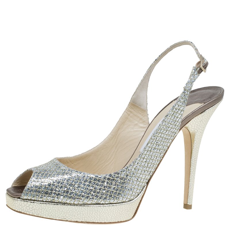 Pre Owned Jimmy Choo Gold Glitter Clue Platform Slingback Sandals Size 41