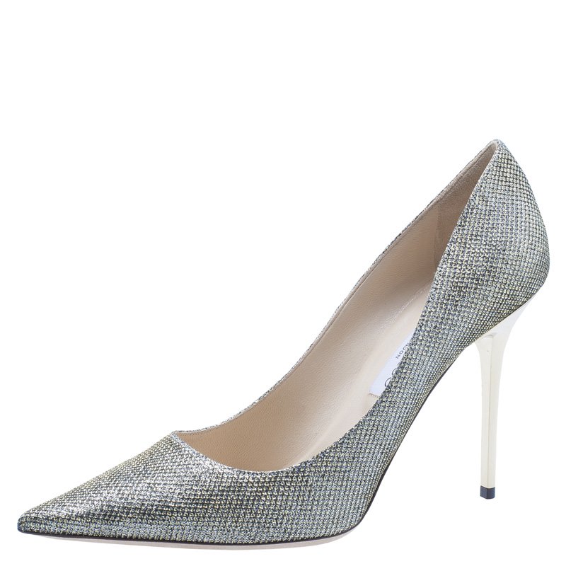 مملوكة مسبقًا حذاء كعب عالي جيمي تشو آبيل لاميه ذهبي مقدمة مدببة مقاس 41.5