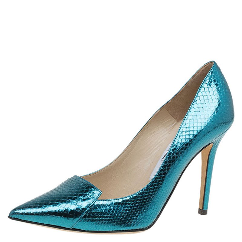 Pre Owned حذاء كعب عالي جيمي تشو أفريل جلد ثعبان البحر أزرق ميتاليك مقاس 35.5