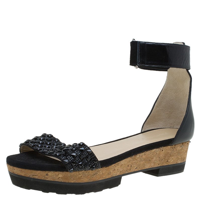 مملوكة مسبقًا Jimmy Choo Black Embellished Leather Neston Ankle Strap Sandals Size 42