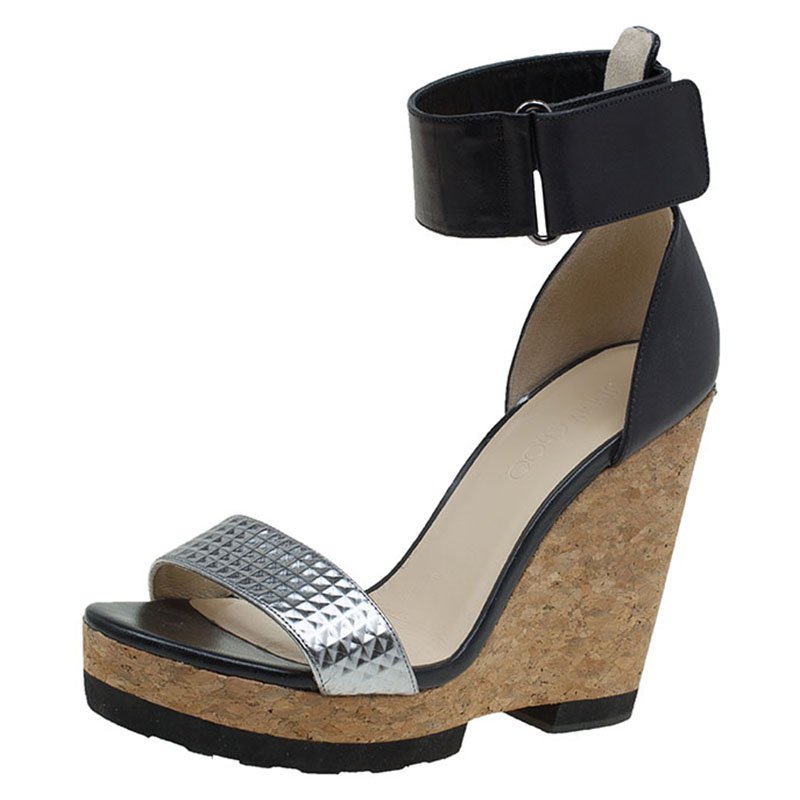 Pre Owned Jimmy Choo Black And Metallic Silver Leather Neston Ankle Strap Wedge Sandals Size 41