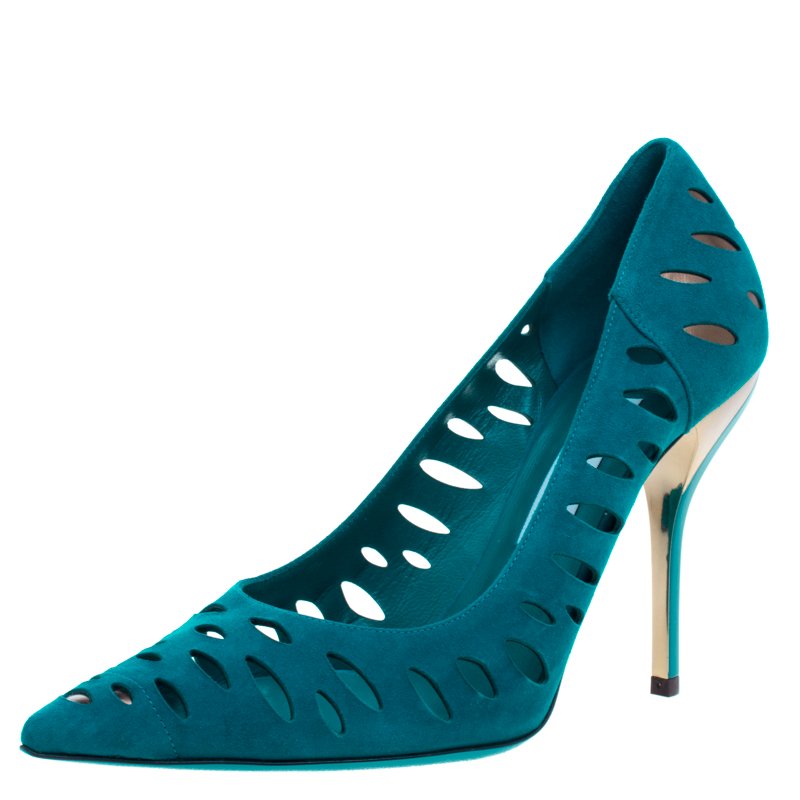 Pre Owned حذاء كعب عالي جيمي تشو تلكا سويدي أزرق مخضر مفرغ مقاس 40