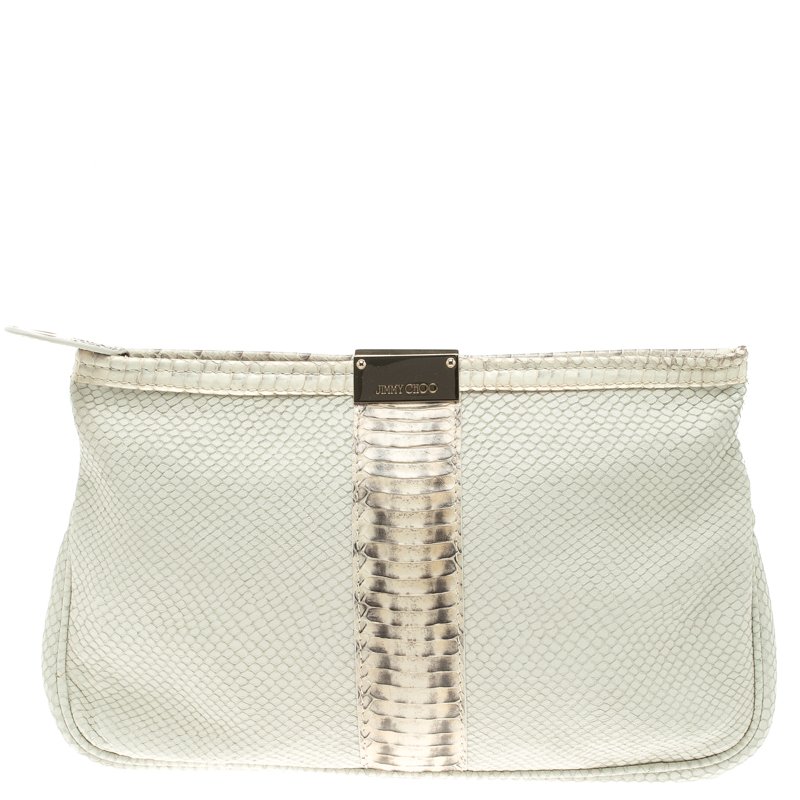 مملوكة مسبقًا Jimmy Choo Off White Python Embossed Leather and Python Trim Zulu Clutch