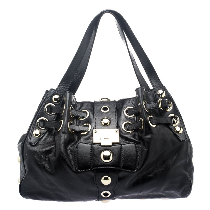 Pre Owned Jimmy Choo Black Glazed Leather Riki Tote