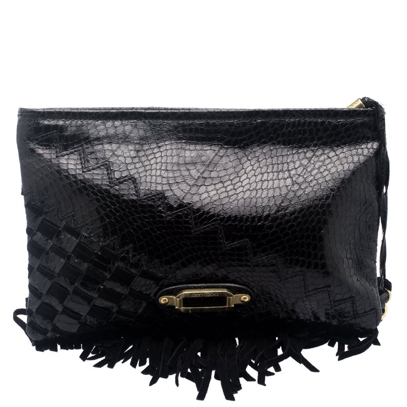 مملوكة مسبقًا Jimmy Choo Black Python Fringe Tita Convertible Clutch