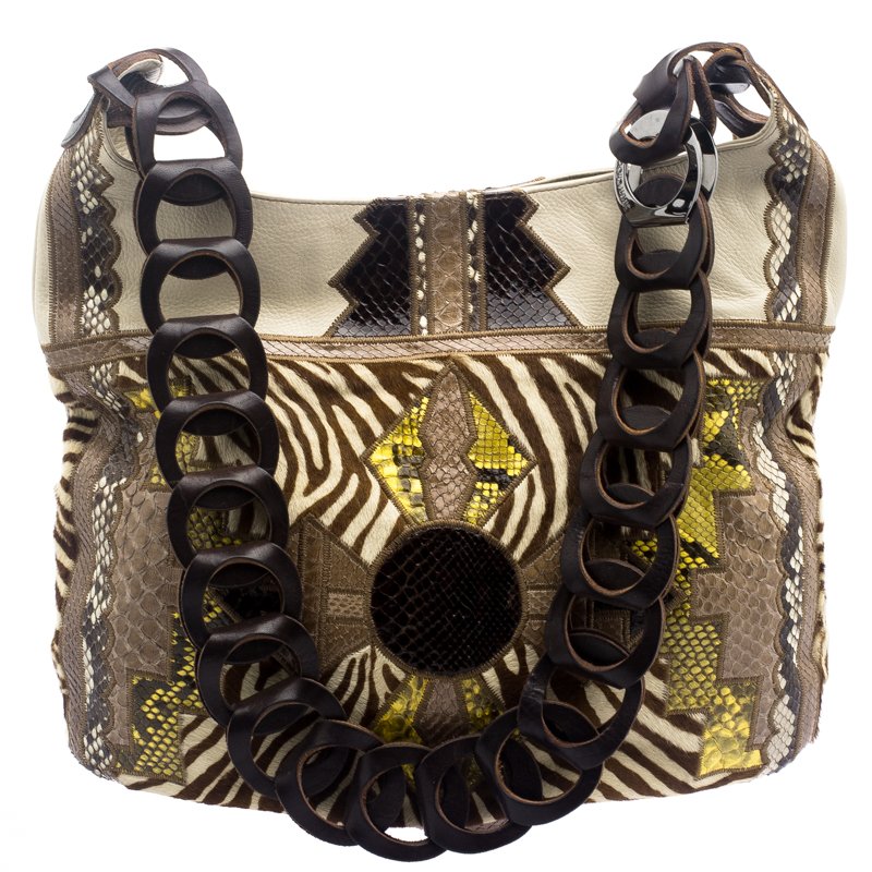 مملوكة مسبقًا Jimmy Choo Beige Python and Calf Hair Patchwork Kaja Shoulder Bag