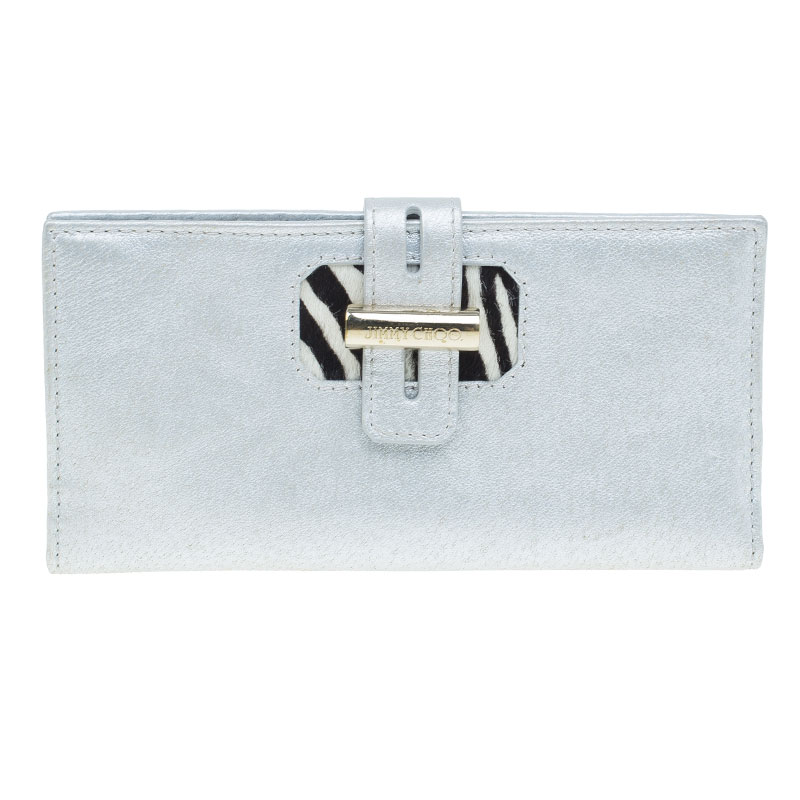Jimmy Choo Silver Metallic and Pony Hair Trim Wallet
