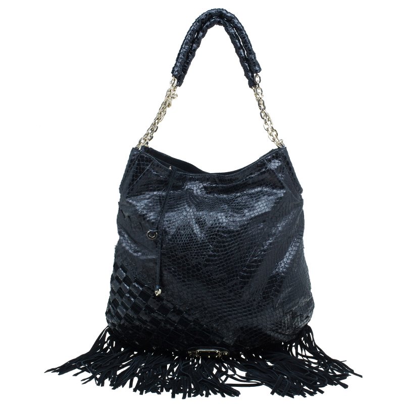 Pre Owned Jimmy Choo Black Python Tatum Fringe Hobo