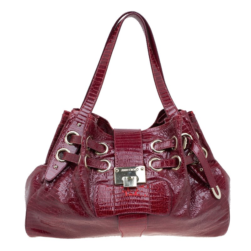 Jimmy Choo Burgundy Python Embossed Leather Riki Tote
