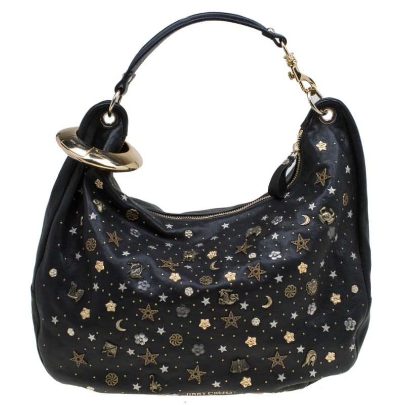 مملوكة مسبقًا Jimmy Choo Black Leather Large Solar Zodiac Studded Hobo