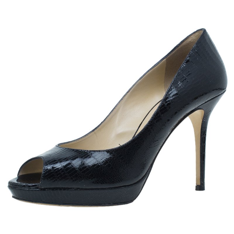Pre Owned Jimmy Choo Black Lizard Embossed Quiet Peep Toe Pumps Size 38.5