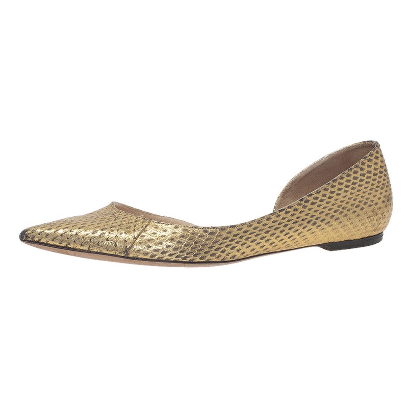مملوكة مسبقًا Jimmy Choo Metallic Gold Embossed Leather D'Orsay Pointed Toe Flats Size 39.5