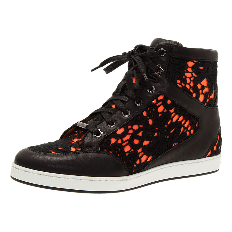 Pre Owned Jimmy Choo Neon Leather and Lace Tokyo High Top Sneakers Size 37