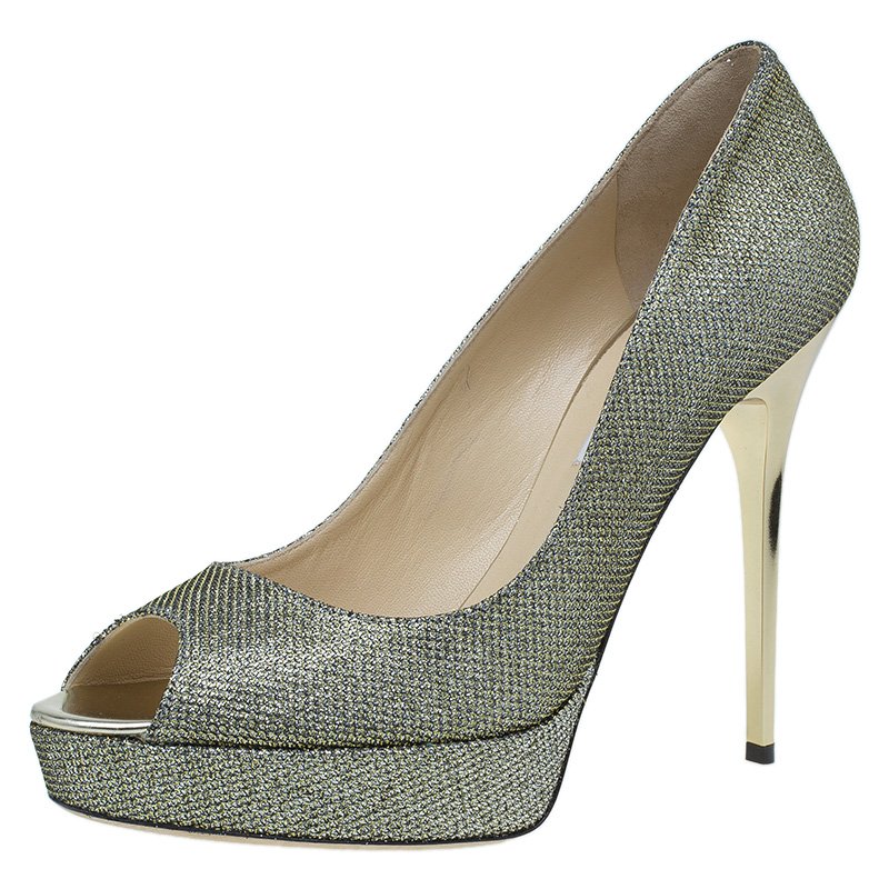 Pre Owned Jimmy Choo Gold Glitter Fabric Dahlia Platform Peep Toe Pumps Size 40.5