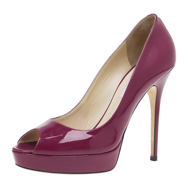 Jimmy Choo Purple Patent Crown Peep Toe Platform Pumps Size 41