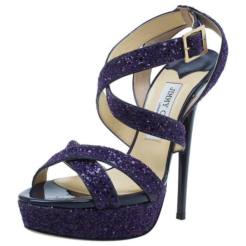 Jimmy Choo Purple Glitter Criss Cross Vamp Platform Sandals Size 39.5