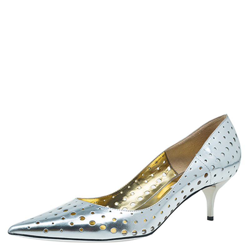 Pre Owned Jimmy Choo Silver Mirror Perforated Leather Mime Pumps Size 40.5