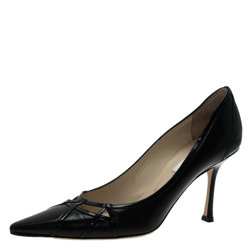 مملوكة مسبقًا حذاء كعب عالي جيمي تشو جلد أسود مقدمة مدببة مقاس 41