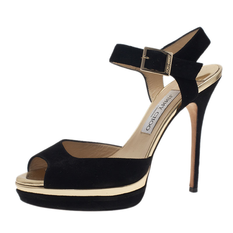 Pre Owned صندل جيمي تشو بشريط كاحل جلد مدبوغ أسود مقاس 39.5