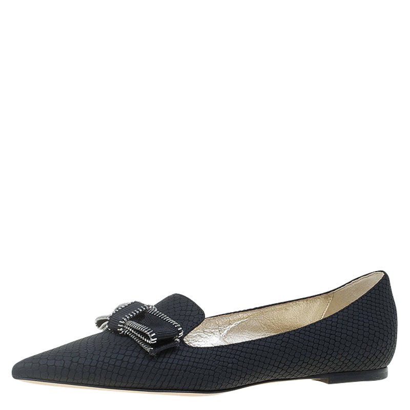 Pre Owned Jimmy Choo Black Snake Embossed Leather Gala Bow Ballet Flats Size 36.5