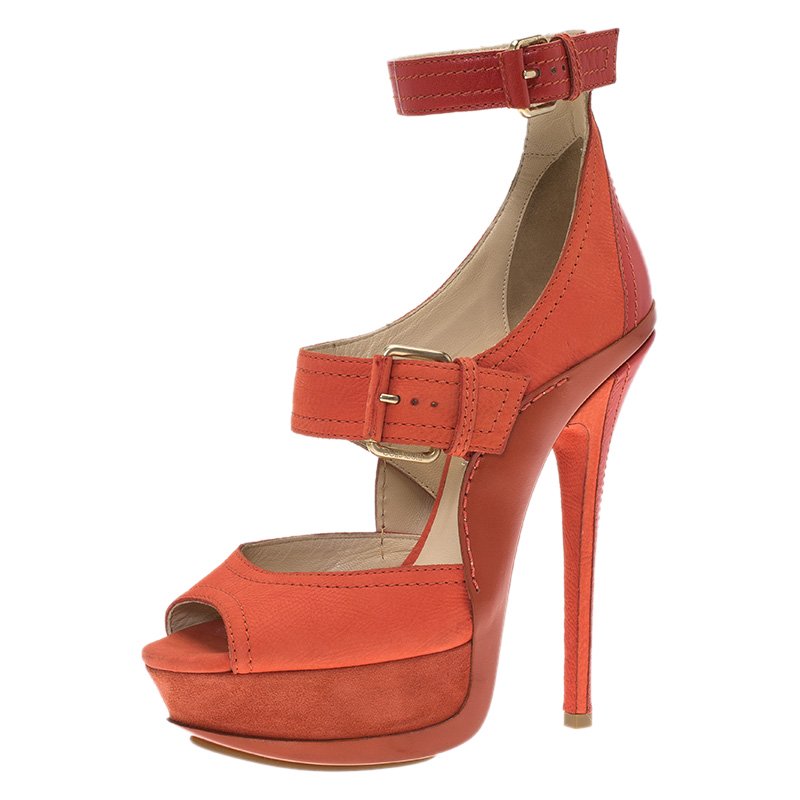 Jimmy Choo Orange Leather Letitia Multi Strap Platform Sandals Size 38. ...