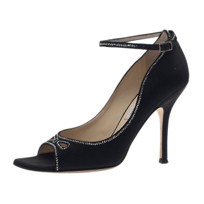 Pre Owned حذاء جيمي تشو ستان مرصع أسود حزام للكاحل مقاس 37