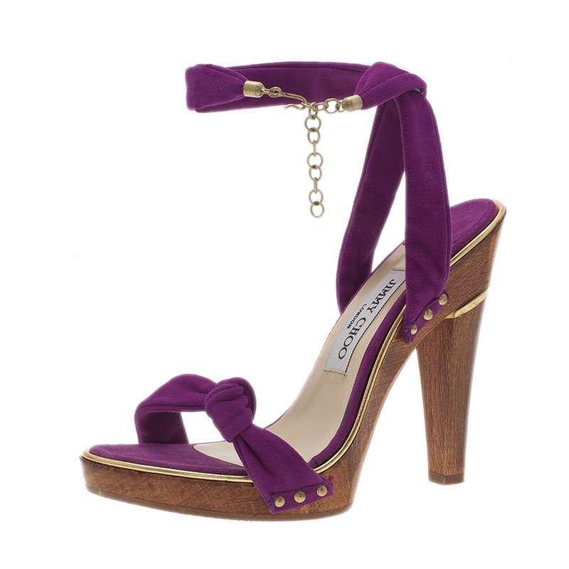 Pre Owned Jimmy Choo Purple Suede Wrap Around Wedge Sandals Size 38