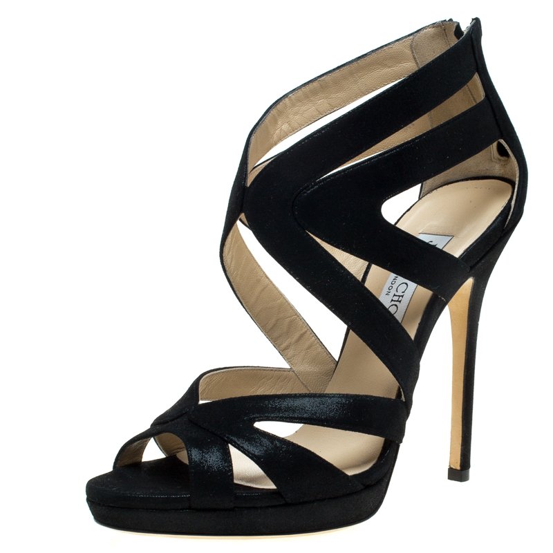 Pre Owned Jimmy Choo Black Iridescent Leather Collar Strappy Sandals Size 38