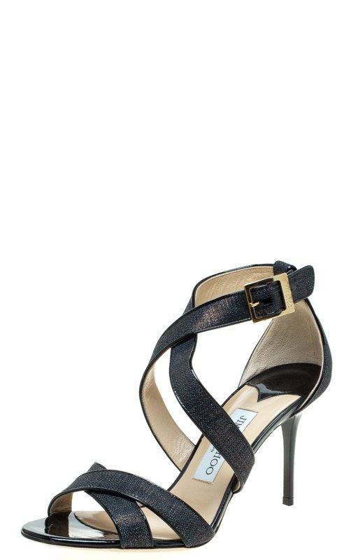 Pre Owned صندل جيمي تشو لويز جينز أسود ميتاليك وجلد لامع سيور متقاطعة مقاس 38