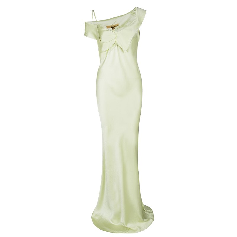 John Galliano Lemon Yellow Satin Asymmetric Shoulder Detail Maxi Dress M