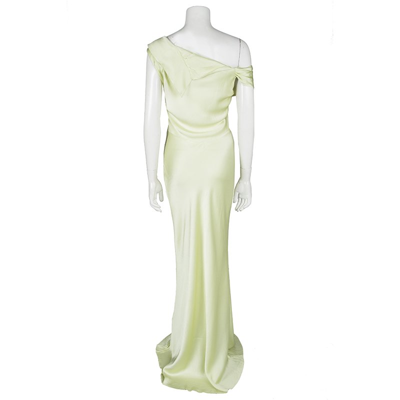 John Galliano Lemon Yellow Satin Asymmetric Shoulder Detail Maxi