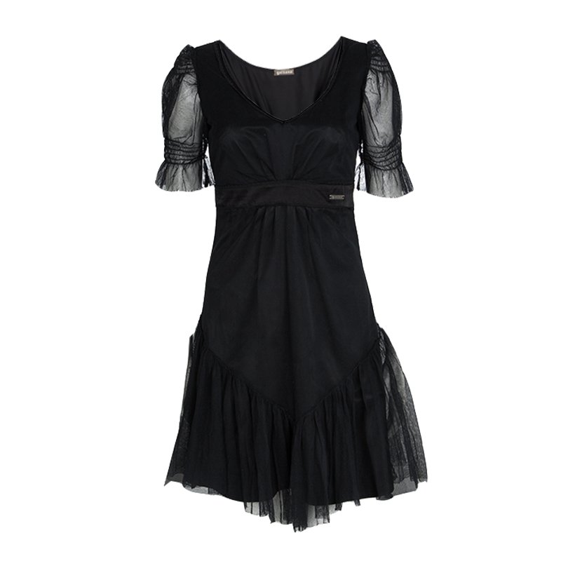 John Galliano Black Tulle V-Neck Abito Dress S
