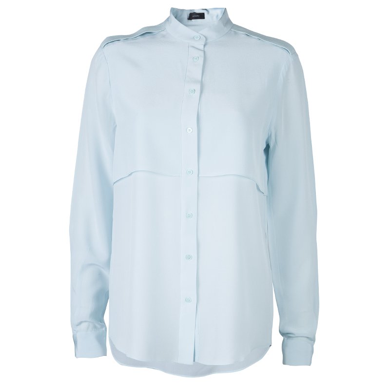 Joseph Powder Blue Mandarin Collar Long Sleeve Silk Blouse M