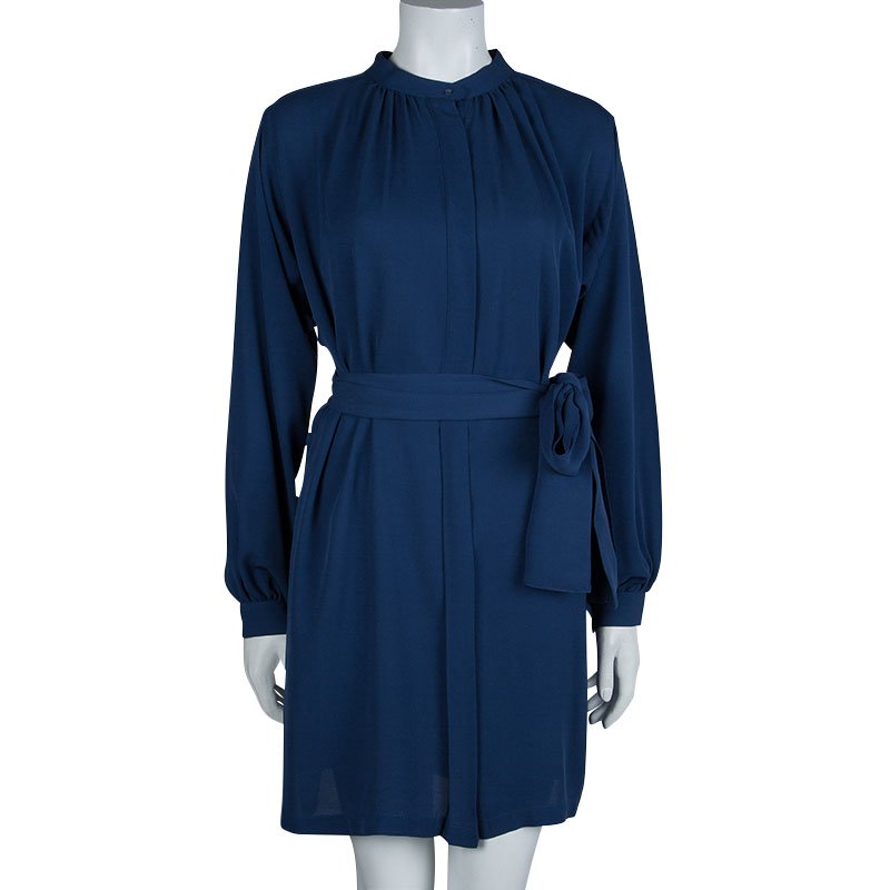 Pre Owned Joseph Blue Silk Mandarin Collar Long Sleeve Belted Shirt Dress S
