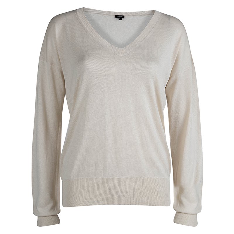 Joseph Cream Knit V-Neck Sweater L