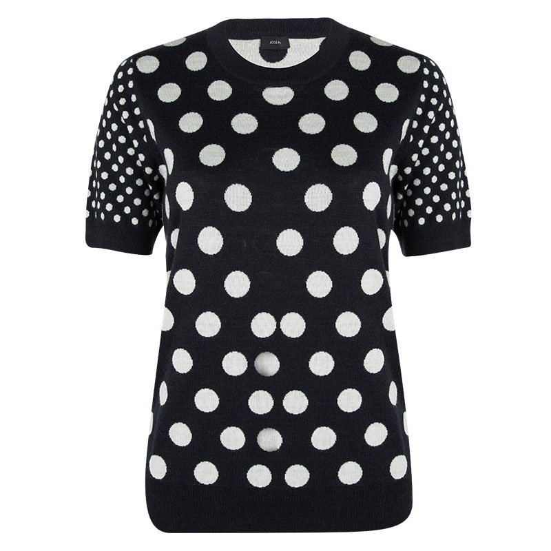 Pre Owned Joseph Navy Blue Wool Polka Dotted Short Sleeve Sweater XL