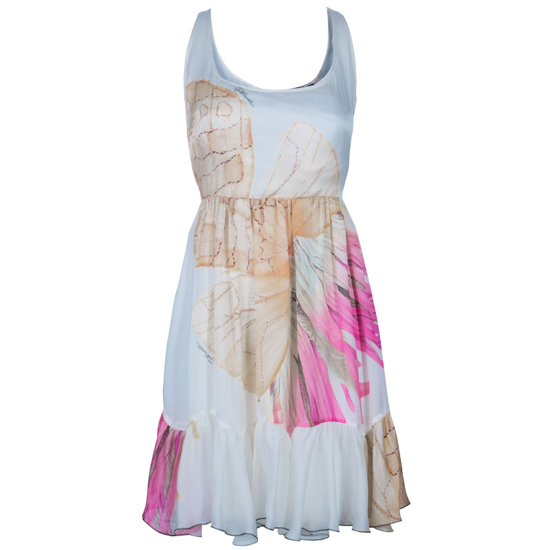 Pre Owned Just Cavalli Ivory Watercolor Print Silk Sleeveless Dress L