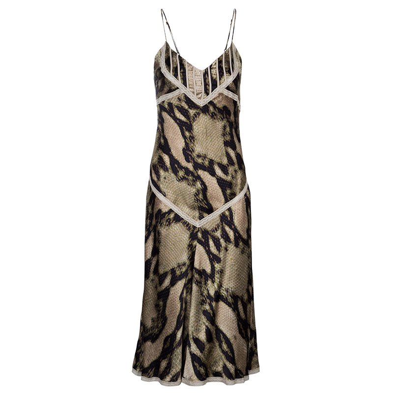 Pre Owned Just Cavalli Olive & Black Snake Print Silk Dress M