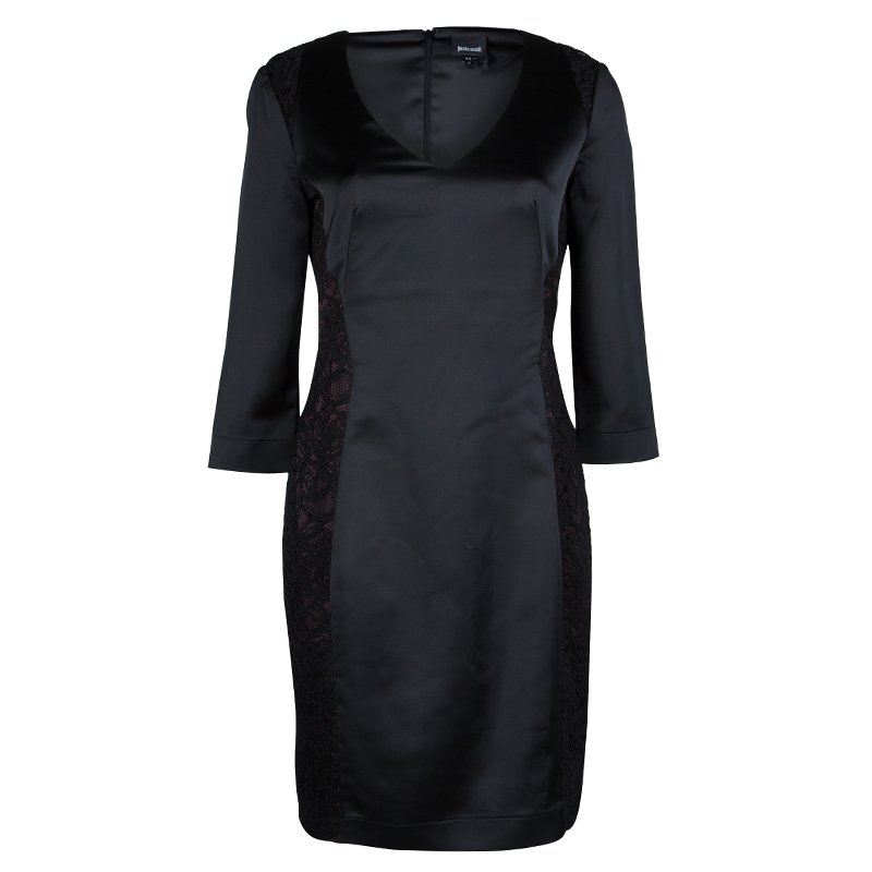 Pre Owned Just Cavalli Black Lace Insert Long Sleeve Dress M