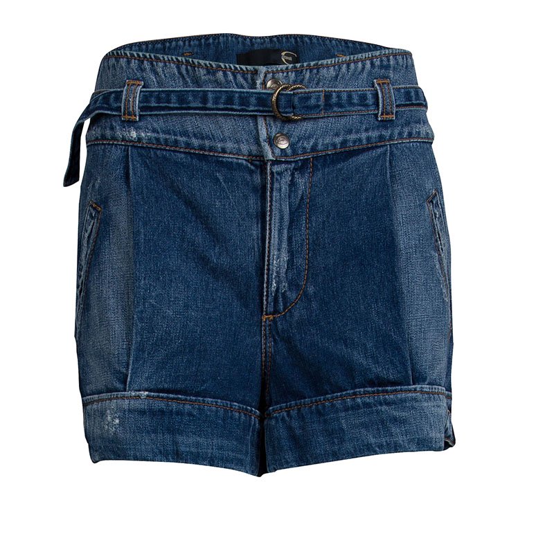 Pre Owned Just Cavalli Washed Indigo Denim Pleated Belted Shorts M